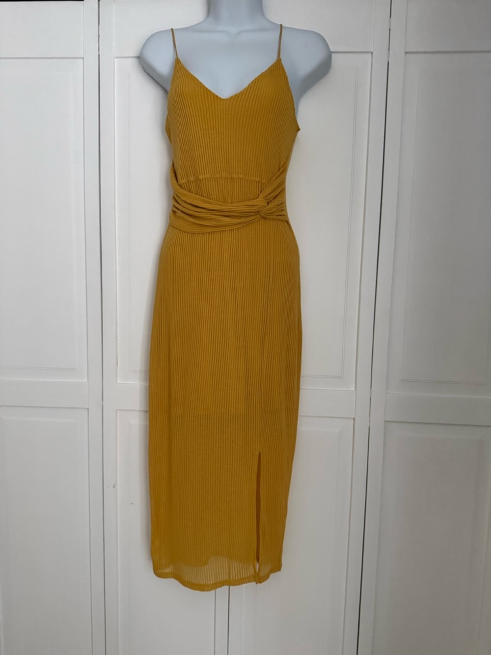 Express Golden Yellow Ribbed Twist-Waist Midi Dress